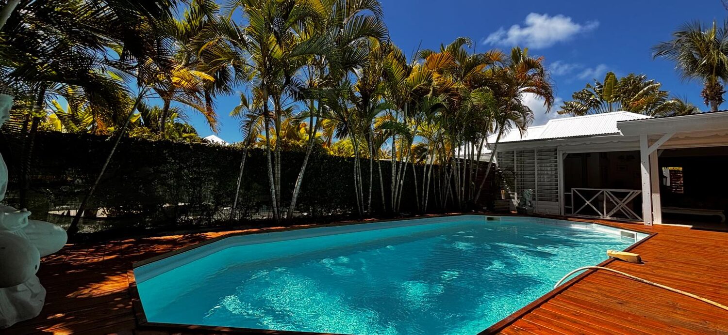 Piscine, deck et villa sous les palmiers